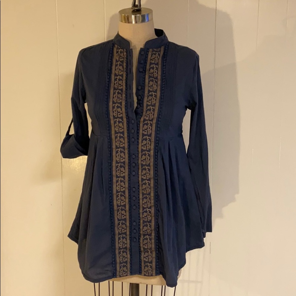 Urban Outfitters Blue Tunic with Tan Embroidery